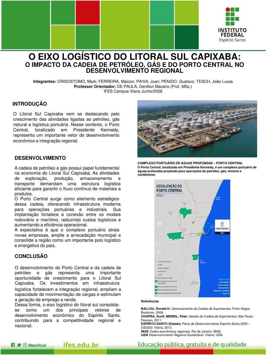 Capa do banner "O Eixo Logístico do Litoral Sul Capixaba: Petróleo, Gás e o Porto Central"